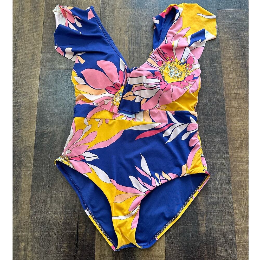 Trina Turk Breeze Ruffle Plunge Floral Print One Piece Swimsuit Size 12